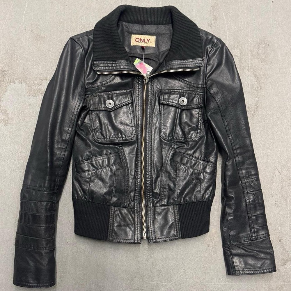 ONLY Black Leather Jacket with Zipper Accents